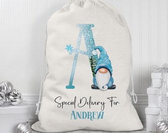 Personalised ice blue Gnome Initial Santa Sack,  present bag 50x70cm  personalised gift bag, Large Christmas Santa Sack,