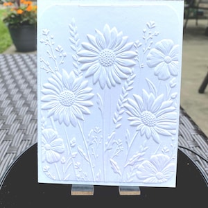 Floral greeting card set of 4 with envelopes. 3D Embossed. White greeting cards. Blank cards. Dandelions, Daisies, Rose, Wild flowers cards