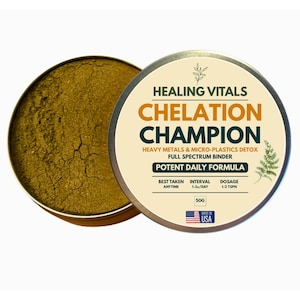 May include: A round, open tin of Healing Vitals Chelation Champion powder, with the lid beside it. The lid displays product information, including "Heavy Metals & Micro-plastics Detox" and "Potent Daily Formula." The product is made in the USA.