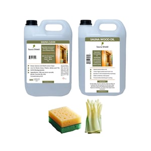 May include: Two 5-liter bottles of cleaning products for saunas. The bottle on the left is labeled "Sauna Clean" and the bottle on the right is labeled "Sauna Wood Oil". Both bottles are from the Sauna Shield brand. A yellow and green sponge and a pair of white gloves are also shown.
