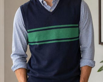 Vintage 1990er Jahre Y2K Struktur Medium Navy Grün Streifen Baumwolle V-Ausschnitt Pullover Weste