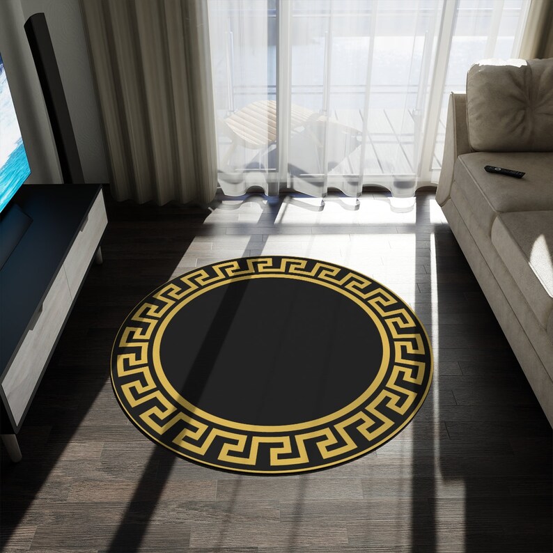 Greek Key Pattern Black and Gold Round Rug Greek Home Decor Etsy