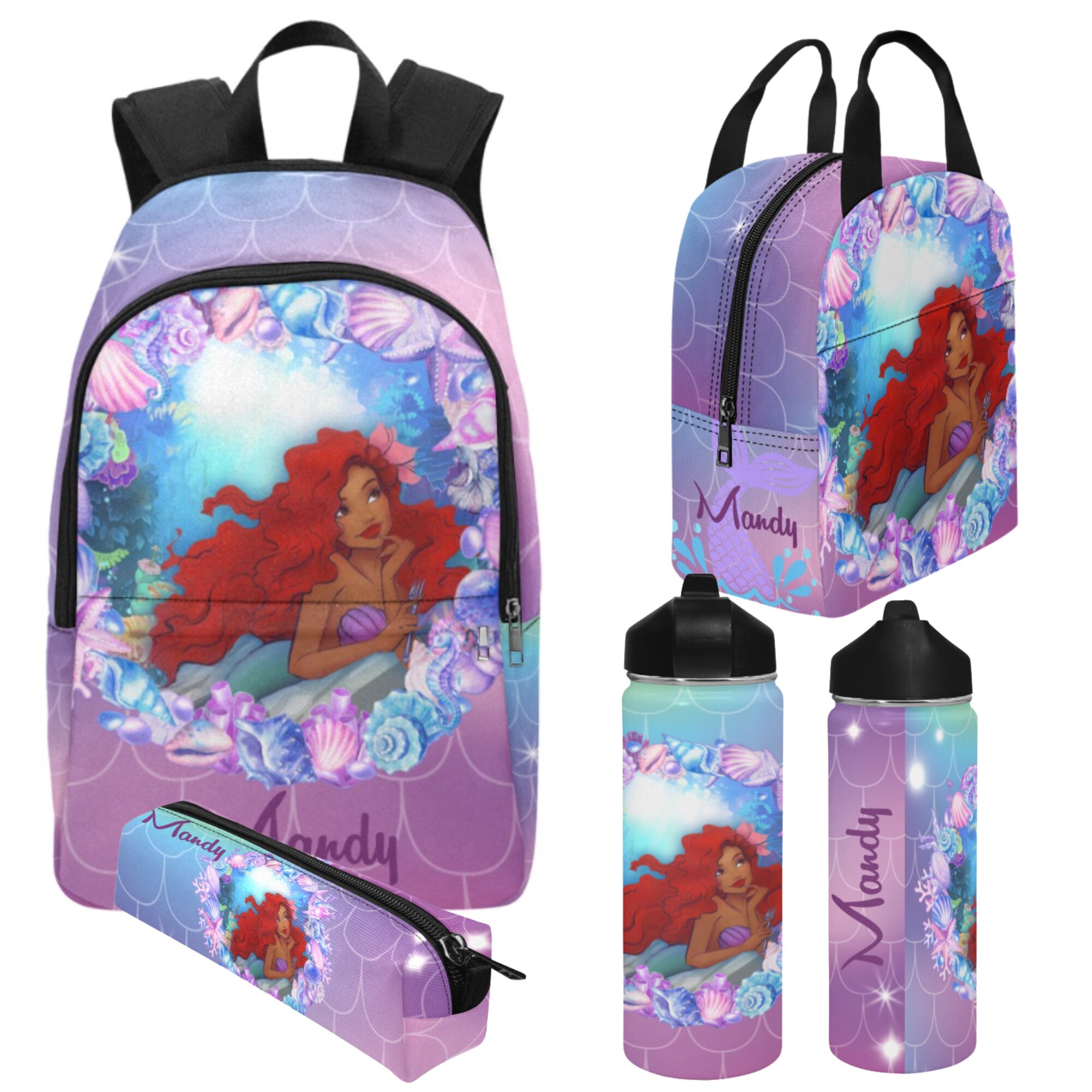 Personalized Mermaid Backpack Set Black Mermaid School Bag Lunch