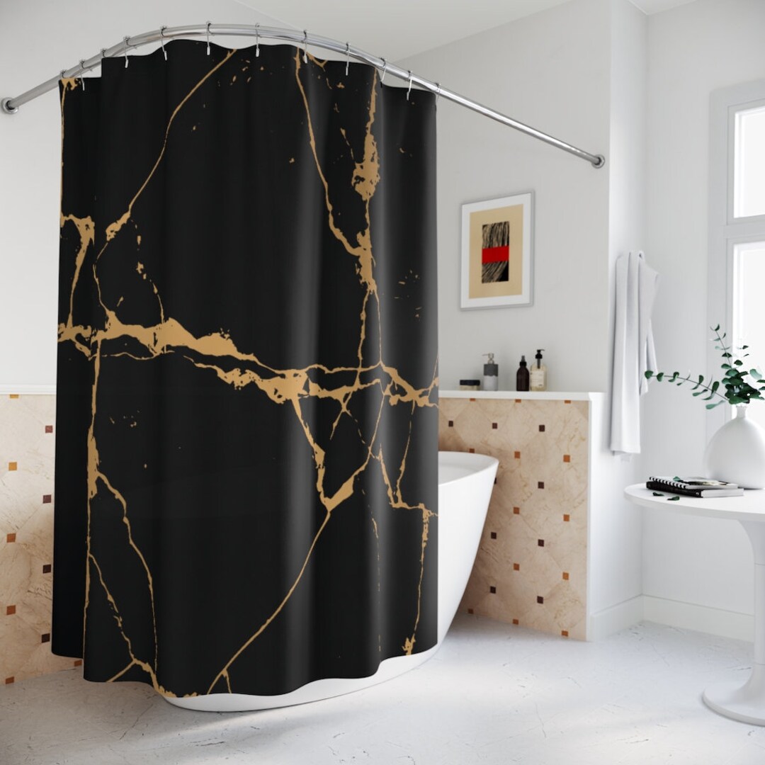 Shower Curtain, Black and Gold Marble Shower Curtain, Polyester Shower