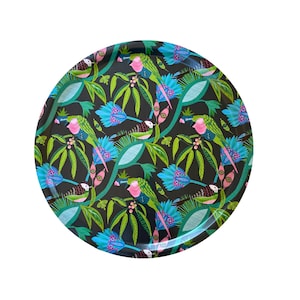 Round tropical drinks Tray 38cm, Round serving Tray with tropical birds Design, Swedish birch melamine dinner Tray, Island luxe feel tray
