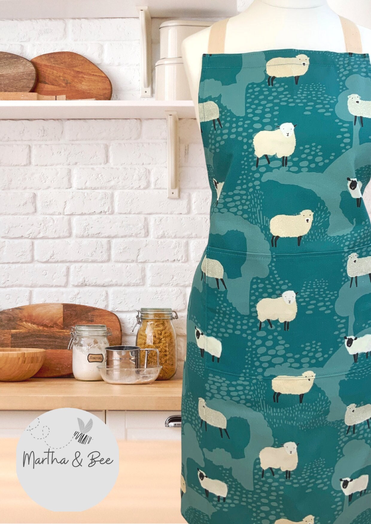 Dartmoor Sheep Apron, Teal Blue Apron with sheep design, Country Cooking apron sheep, Farm Animal Apron, Sheep gift, Baking Apron Blue,