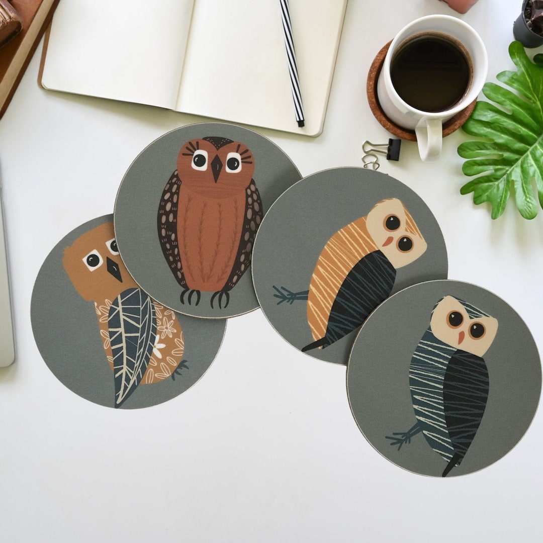 Round Owl Coaster Set Owl Gift Matt Cork Back Round Owl Etsy Singapore