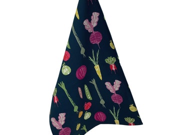 Vegetable print Kitchen Towel, Navy Vegetables Tea Towel, Tomato & Veg Tea towel, Gardener Gift for her, Kitchen gift mum, veg grower gift