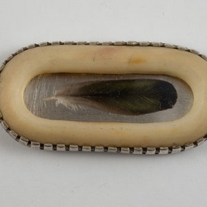 Op de afbeelding: Een ovale broche met een zilveren rand en een wit botten middenstuk. Een klein, donker veertje is ingelegd in het midden van de broche.