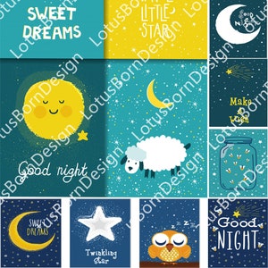 Cartoon Kinder Märchen gute Nacht Erleuchtung Buch Stern Mond Hintergrundmuster, Vektorbild zum Schneiden, 12 Sets SVG/EPS-Dateien
