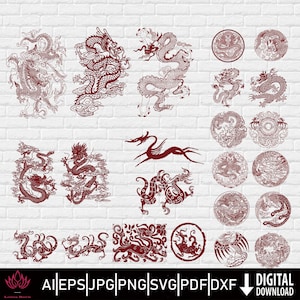 25PCS Traditionnel Dragon Phoenix Vector Design, DOGTAG, Tatouage, Pochoir, Fichier de coupe pour cricut et impression, Leser Engrave, Sublimation Designs Télécharger