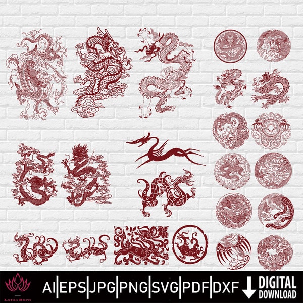 25PCS Traditional Dragon Phoenix Vector Design,DOGTAG,Tattoo,Stencil,Cut File For Cricut & Print,Leser Engrave,Sublimation Designs Download