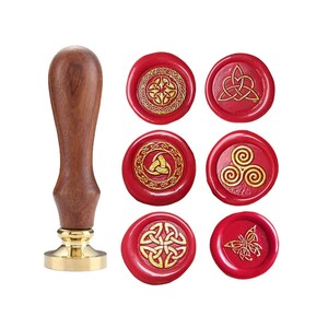 Keltischer Knoten Siegel Wachsstempel mit 6 Mustern abnehmbarer Messingkopf + 1 Holzgriff, Darstellung ewigen Glaubens, Freundschaft, Liebe und Treue