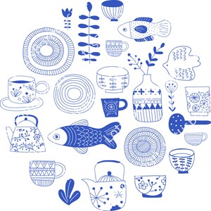 Ilustraciones y iconos pintados a mano de azul simple, flores, pescado, vajilla, patrón de fondo de la tarjeta, diseño vectorial, 5 conjuntos de archivos PNG/AI/EPS