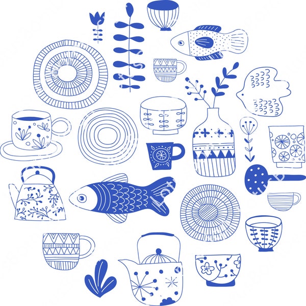 Simple Blue Hand-painted Illustrations & Icons,Flowers,Fish,Tableware,Card Background Pattern,Vector Design,5 Sets of PNG/AI/EPS Files