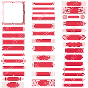 May include: A set of 18 red and white Chinese-style decorative borders. The borders are in various styles and sizes, with intricate designs and patterns. They are perfect for adding a touch of Asian flair to your projects.