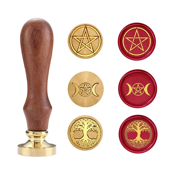 Wax Seal Stamp Set,Sealing Wax Stamps Copper Seals with Wooden Hilt,Vintage Retro Wiccan Seal Wax Stamp(Triple moon/Pentagram/Tree of life)