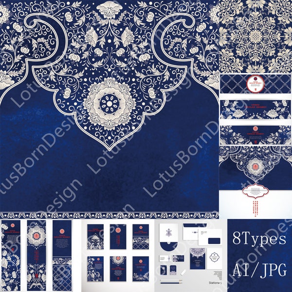 Classic Chinese Porcelain Pattern Texture Greeting Card Invitation Card Background Pattern,Vector Design For Cutting File,8 Sets AI Files