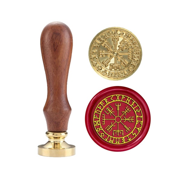 Pentagramtree Vegvisir Viking Compass Rune Spell Sealing Wax Stamps Copper Seals with Wooden Hilt, Which Means Reverse The Bad Luck