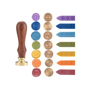 Set met 7 chakra's lakzegelstempels, 7 patronen van chakra, 7 verwijderbare koperen kop + 1 houten handvat