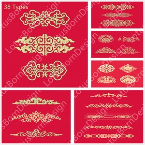 May include: 38 Types of decorative, gold-colored, ornate borders and patterns on a red background. The designs are inspired by traditional Chinese and Asian art.