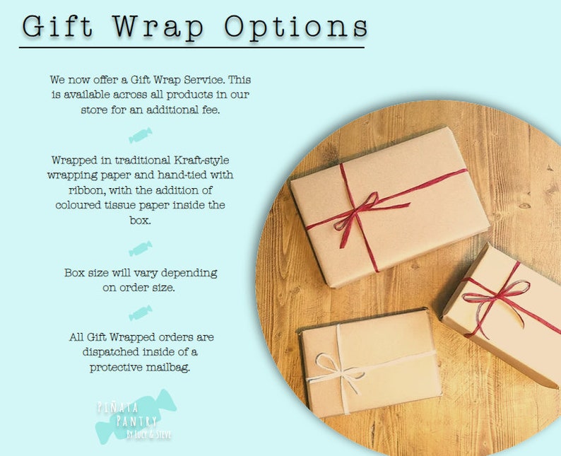 May include: Three brown gift boxes wrapped in Kraft paper with red and white ribbon. The boxes are on a wooden surface. The text on the image reads: "Gift Wrap Options" and includes details about the gift wrap service.