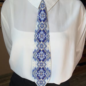 Handcrafted Ukrainian Beaded Tie, Blue White Gold Folk Gerdan Necklace, Traditional Ethno Sylyanka Jewelry, Unique Gift for Women