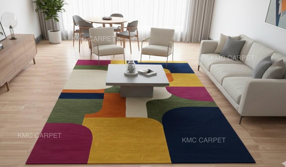 Abstract Rug Colorful Texture Colorful Abstract Hand Tufted Rug – Modern Geometric Wool Area Rug Mid ...