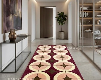 Mid Century Runner, Retro Geometric Wool Rug, Handmade Hallway Runner, Corridor Carpet, Custom Size