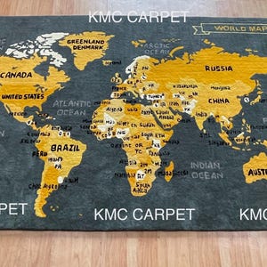 tuftés carte du monde vintage | tapis capitonné gris jaune | tapis carte du monde | tapis tuftés décoration murale | Tapis milieu du siècle | Tapis carte scolaire | tapis pour enfants