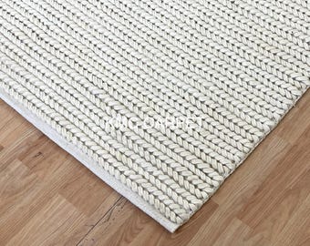 Felted Chunky Natural Wool Rug- Handwoven Braided Rug Minimal Scandinavian Decor Made to Order