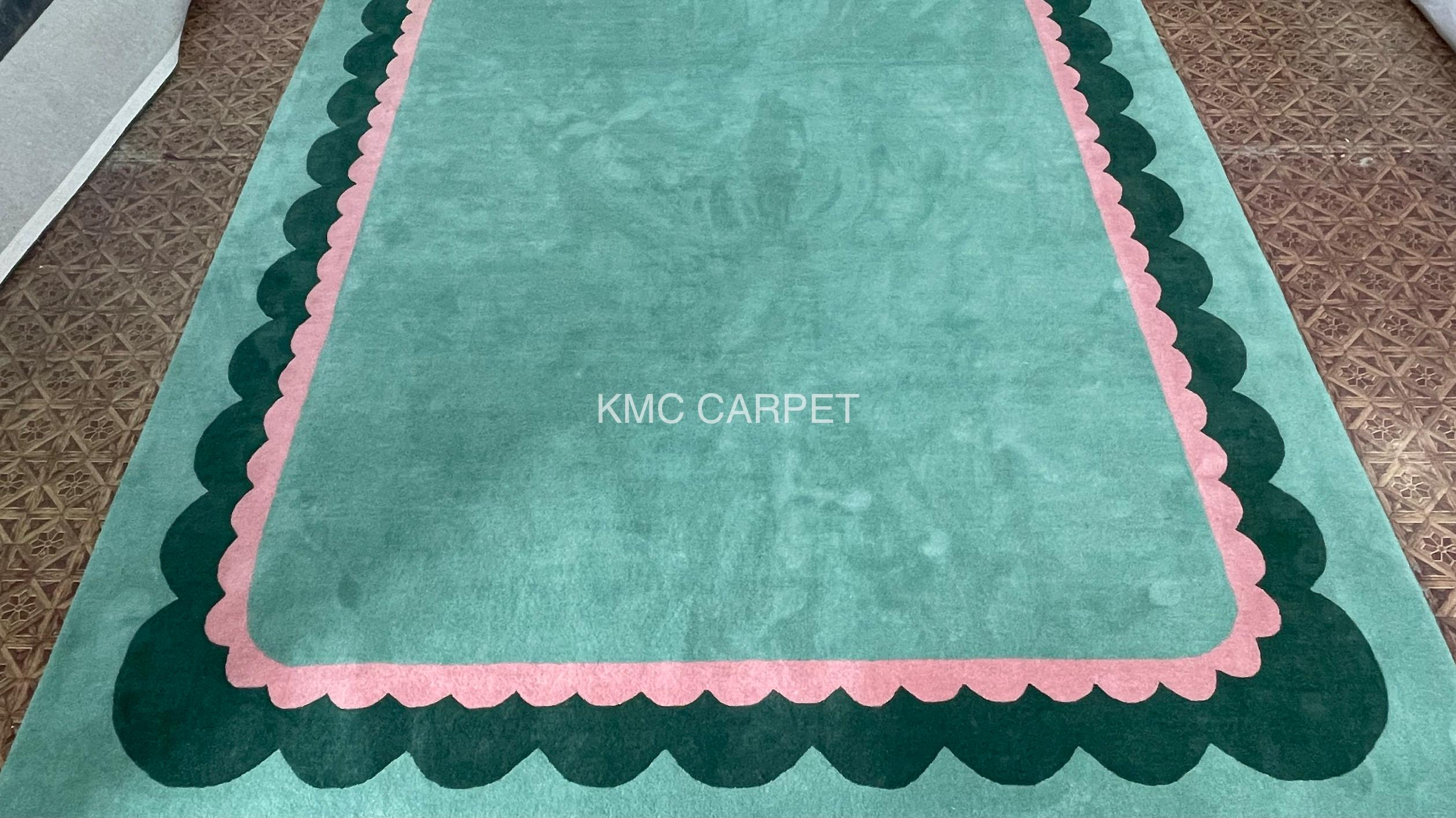 Pink And Green Shell Rug Hand-tufted Wool Scallop Rug: Pink & Green, Modern Abstract Design - Etsy