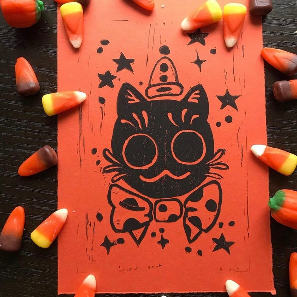 Handmade Halloween Cat Linocut Print