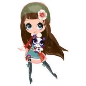 May include: Illustration of a cartoon girl with large blue eyes, wearing a green hat, a pink and teal dress, and black leggings. She holds a panda bear toy. A flower decorates her hair. The image has a white background.