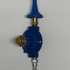 May include: A blue propane tank regulator with brass fittings and a nozzle. The regulator has a round body with a knob and a quick-connect fitting. The nozzle is cone-shaped.