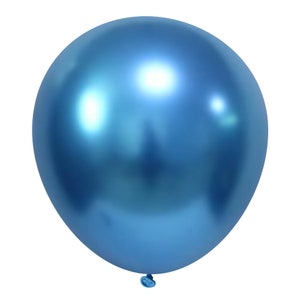 May include: A single, round, metallic blue balloon. The balloon has a shiny, reflective surface and is inflated. The balloon is a party decoration, often used for birthdays, celebrations, or events.
