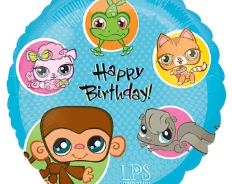 May include: A blue round balloon with a happy birthday message and images of various cartoon animals from the Littlest Pet Shop brand. The animals include a monkey, a frog, a cat, a dog, and a squirrel.