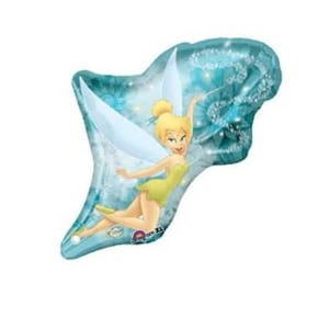 May include: A teal-colored foil balloon in the shape of a fairy. The fairy has blonde hair, a yellow dress, and white wings. The balloon has a glittery, textured design.