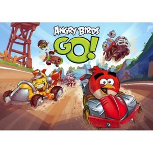 May include: An illustration featuring characters from Angry Birds Go! A red bird and a yellow bird are in race cars, with other characters and vehicles in the background. The title "Angry Birds GO!" is displayed in green.