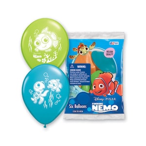 May include: A package of six Finding Nemo balloons. The balloons are green, blue, and orange with white outlines of characters from the movie. The package says "Disney Pixar Finding Nemo" and "Six Balloons 12in/30.48cm".