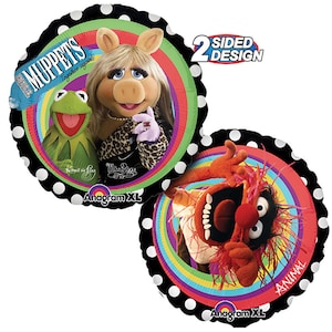 May include: Two-sided Muppets balloon with a black and white polka dot background. One side features Miss Piggy and Kermit the Frog with the text "Muppets Together Again!" The other side features Animal with the text "Animal".