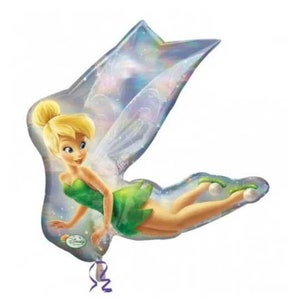 May include: A large, iridescent foil balloon featuring Tinker Bell from Disney's Peter Pan. Tinker Bell is depicted flying with her wings spread, wearing a green dress and holding a wand.
