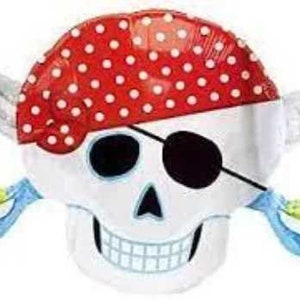 May include: A pirate-themed balloon in the shape of a skull. The skull is white with a red and white polka-dot bandana, a black eye patch, and crossed blue swords. Clear, wing-like accents are on either side.