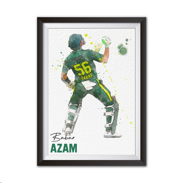 Babar Azam Pakistan Cricket Watercolour Style Print | A4 Print | Boys Bedroom | Gift for Cricket Fan| Man cave print