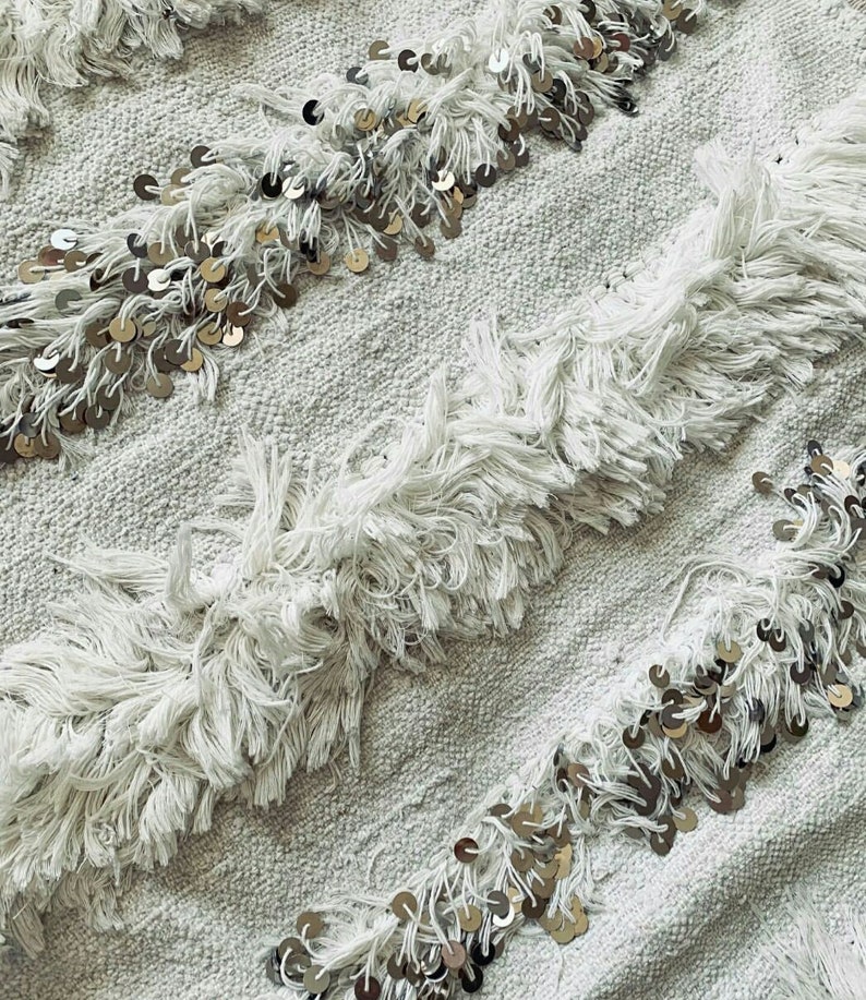 Moroccan Wedding Blanket Handira WHITE with Metal Sequins,carpet moroccan,berber,bedding blanket, Handmade and High Quality ,Halloween gifts image 2