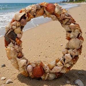 May include: A circular wreath composed of assorted seashells in shades of tan, brown, and orange. The wreath is positioned on a sandy beach, with the ocean visible in the background. The shells vary in size and form.