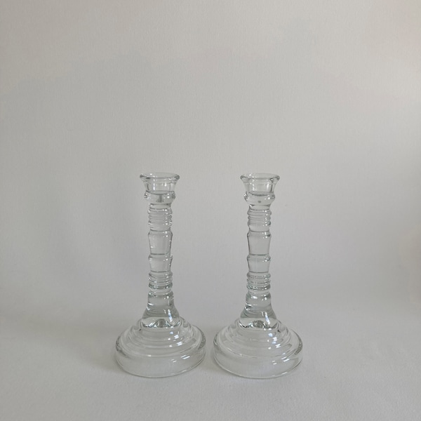 Vintage HOMCO USA Molded Clear Glass Candleholders - Set of 2 -Ribbed Pattern Glass Candlestick – 7+” Inches Tall – Clear Glass Candlesticks