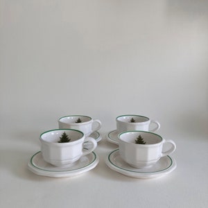 Pfaltzgraff Christmas Heritage Pattern Coffee Cups w/ Saucer - Set of 4 - Christmas Tree w/ Toys Scene - 1980s 1990s Christmas Tableware
