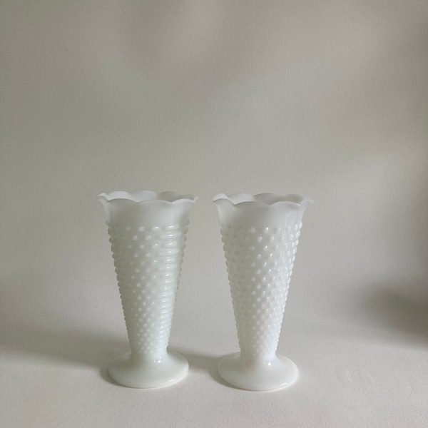 Vintage Pair of Tall Trumpet Style Hobnail Milk Glass Vases – Set of 2 - Scalloped Edge Rim Vases - 1960s – 1970s – Mid Century Milk Glass