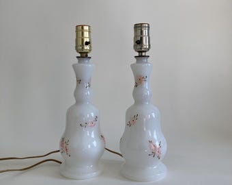 AS IS Vintage Milk Glass Table Lamps: Hand-Painted Floral Pair